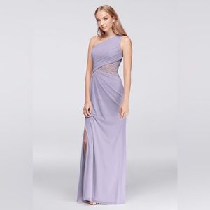 David’s Bridal One-shoulder Bridesmaid Mesh Dress with Lace Inset Iris Size 4